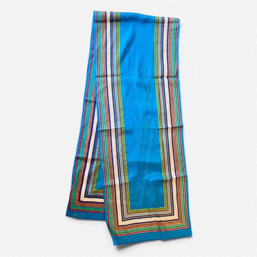 Vintage Oscar de la Renta Scarf Teal Blue Purple Green White Rectangular